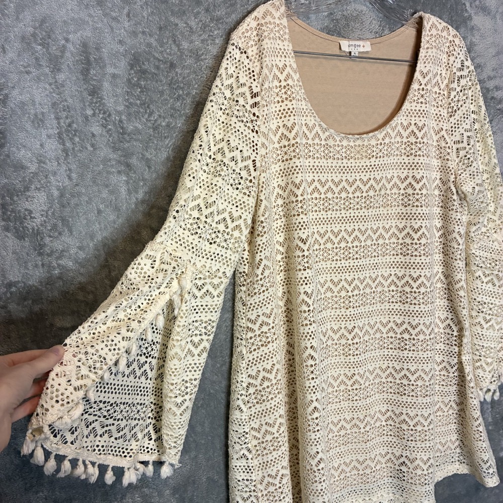 Umgee+ Women Cream Crochet Lace Boho Swing Dress XL Boho Peasant Festival Earthy